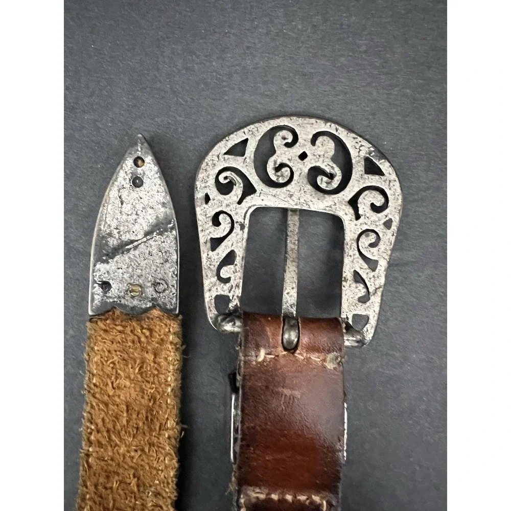 Vtg‎ Women Mixed Media Belt L Filigree Buckle Leather Multi-Strand Mesh Metal